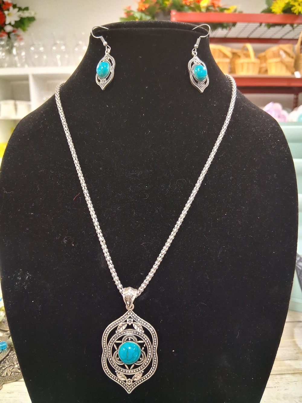 Others Follow Silver-Tone Turquoise Blue Stone Necklace & Earrings Set